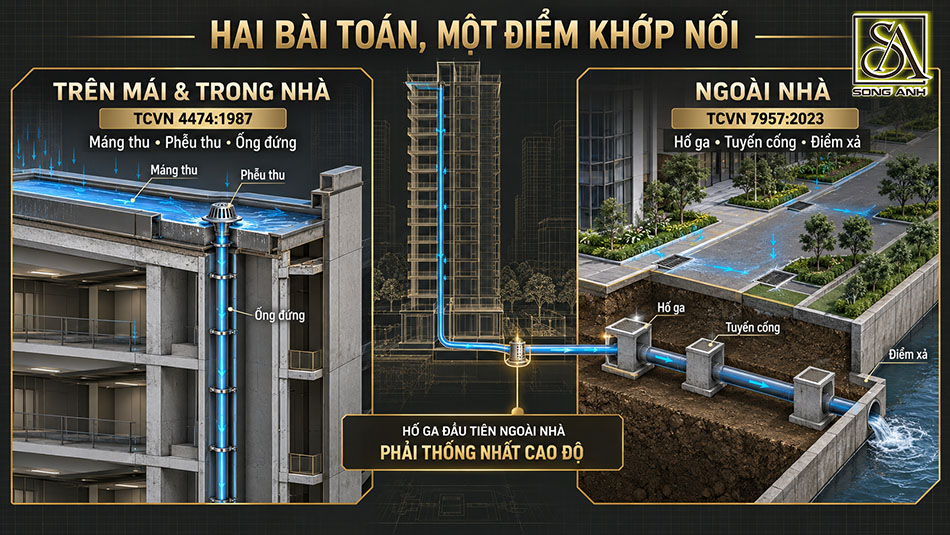 So sánh thoát nước mưa trên mái và mạng lưới thoát nước ngoài nhà